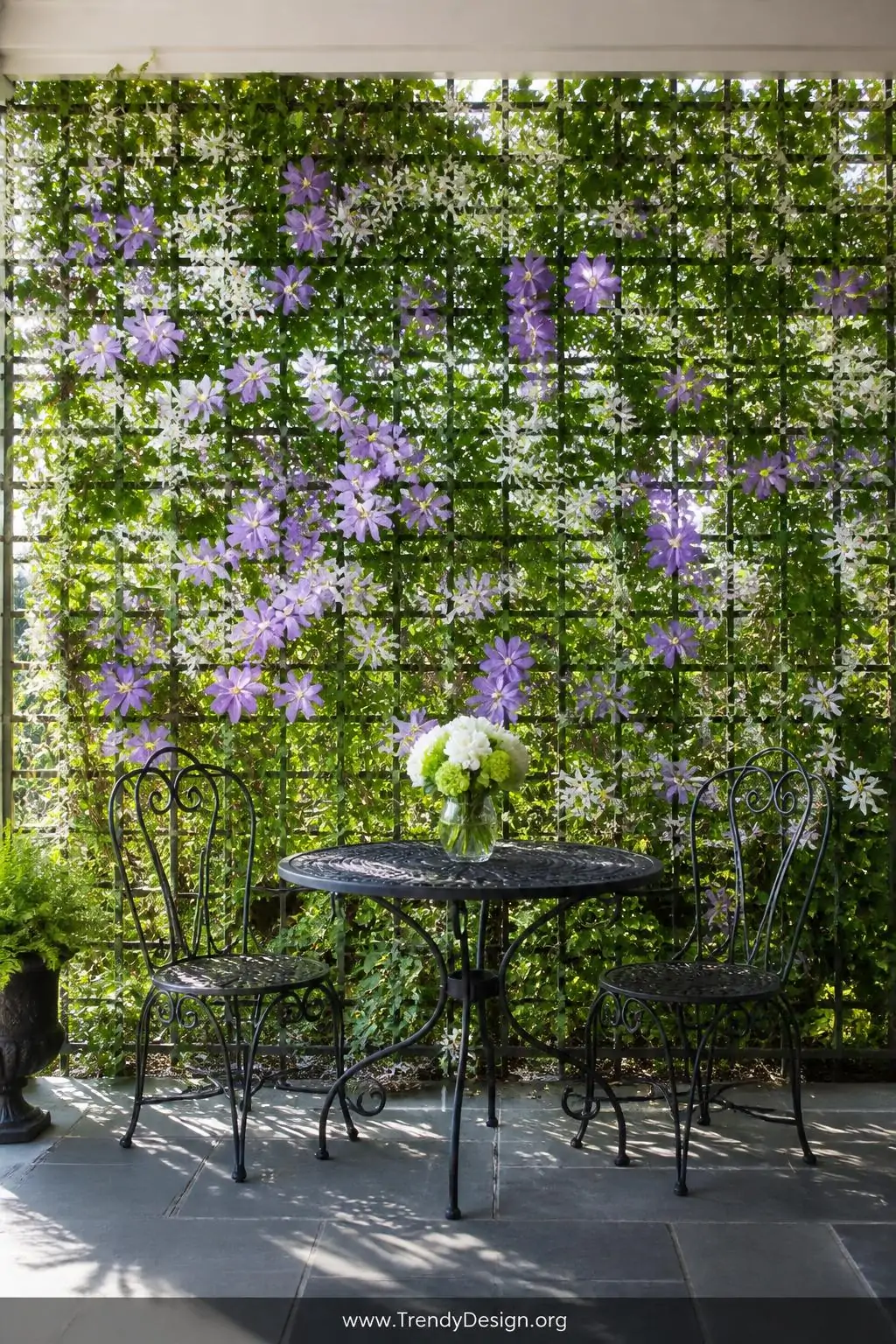 Wide photorealistic shot of a lush vertical living wall lattice panel completely consumed by blooming white Confederate jasmi