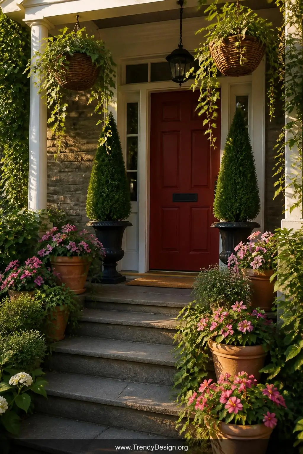 Wide shot of a lush front porch entry overflowing with layered potted greenery, tall dark-urned topiaries flanking a red fron
