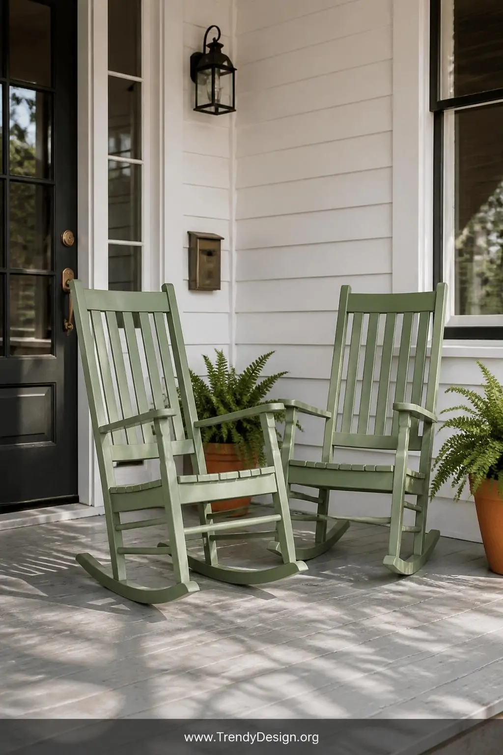 Wide shot, photorealistic interior design photography: Two narrow-profile rocking chairs painted sage green sit angled slight