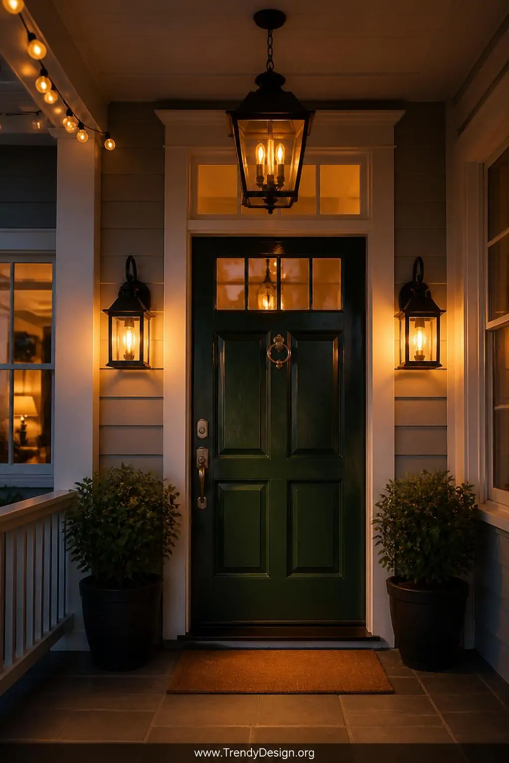 Closeup photorealistic shot of a pair of oil-rubbed bronze colonial lantern sconces mounted symmetrically on either side of a