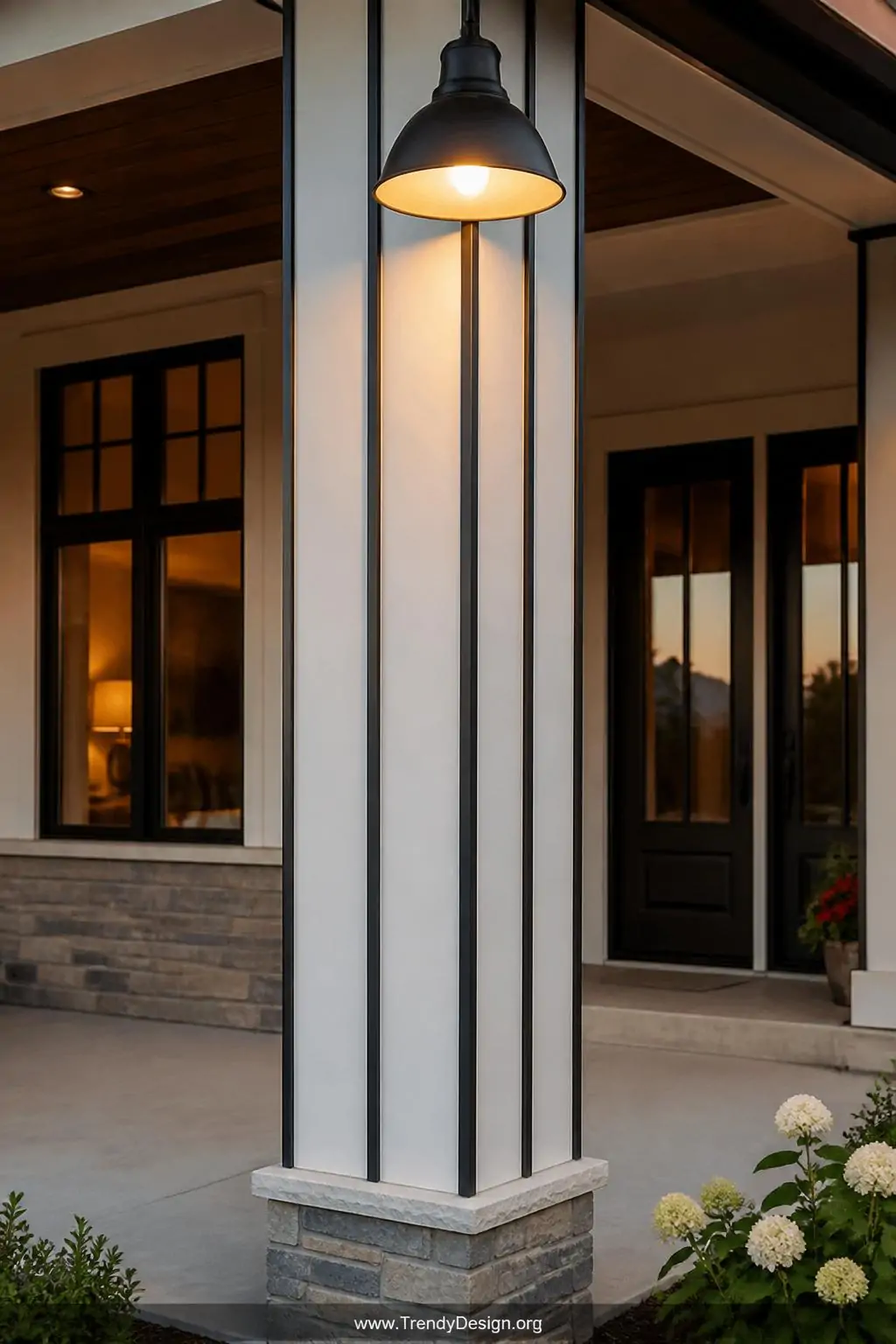 A medium photorealistic shot of a porch post wrapped in crisp bright white board and batten paneling, evenly spaced vertical 