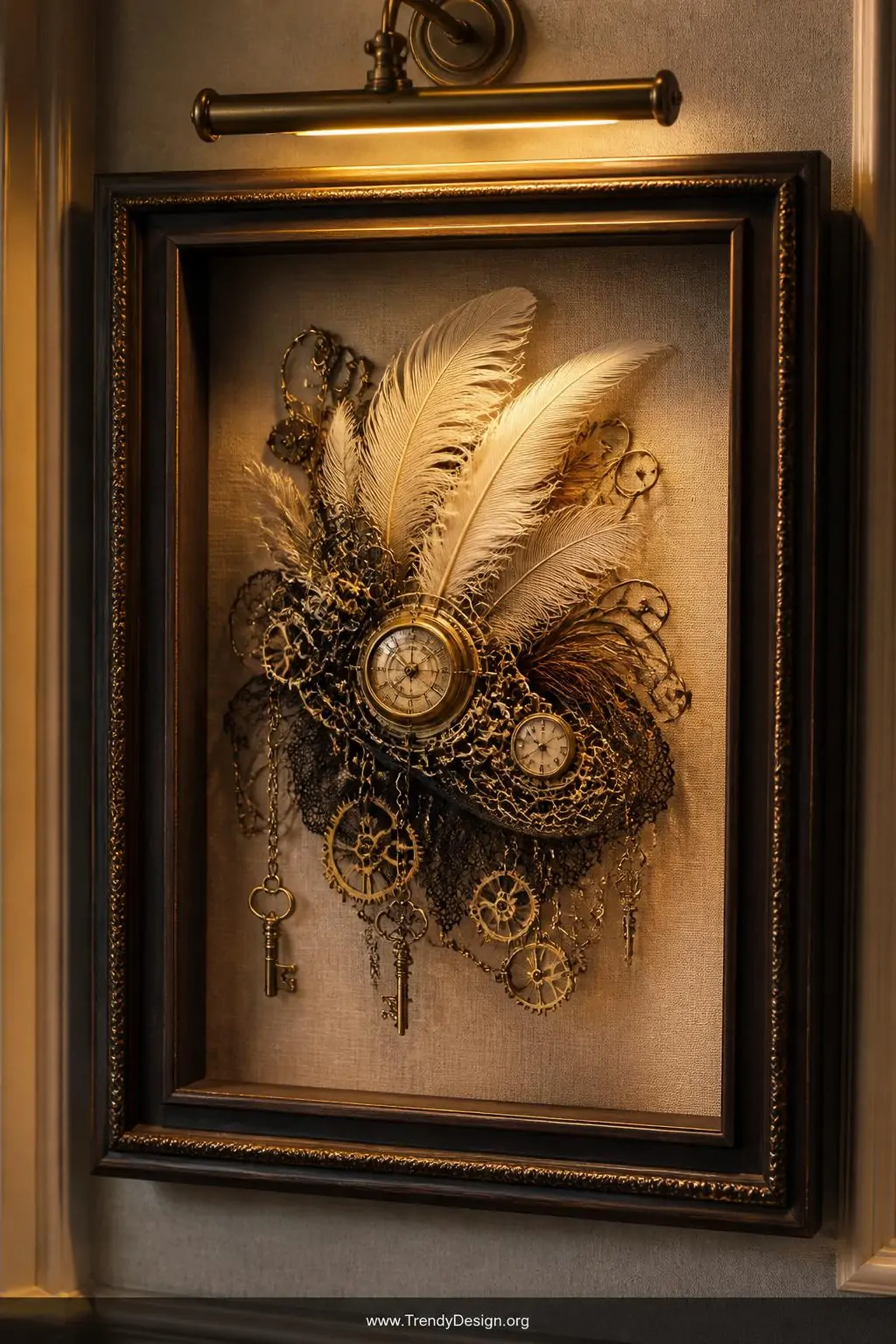 A delicate steampunk fascinator mounted inside a shadow box frame displays an intricate arrangement of miniature brass gears,