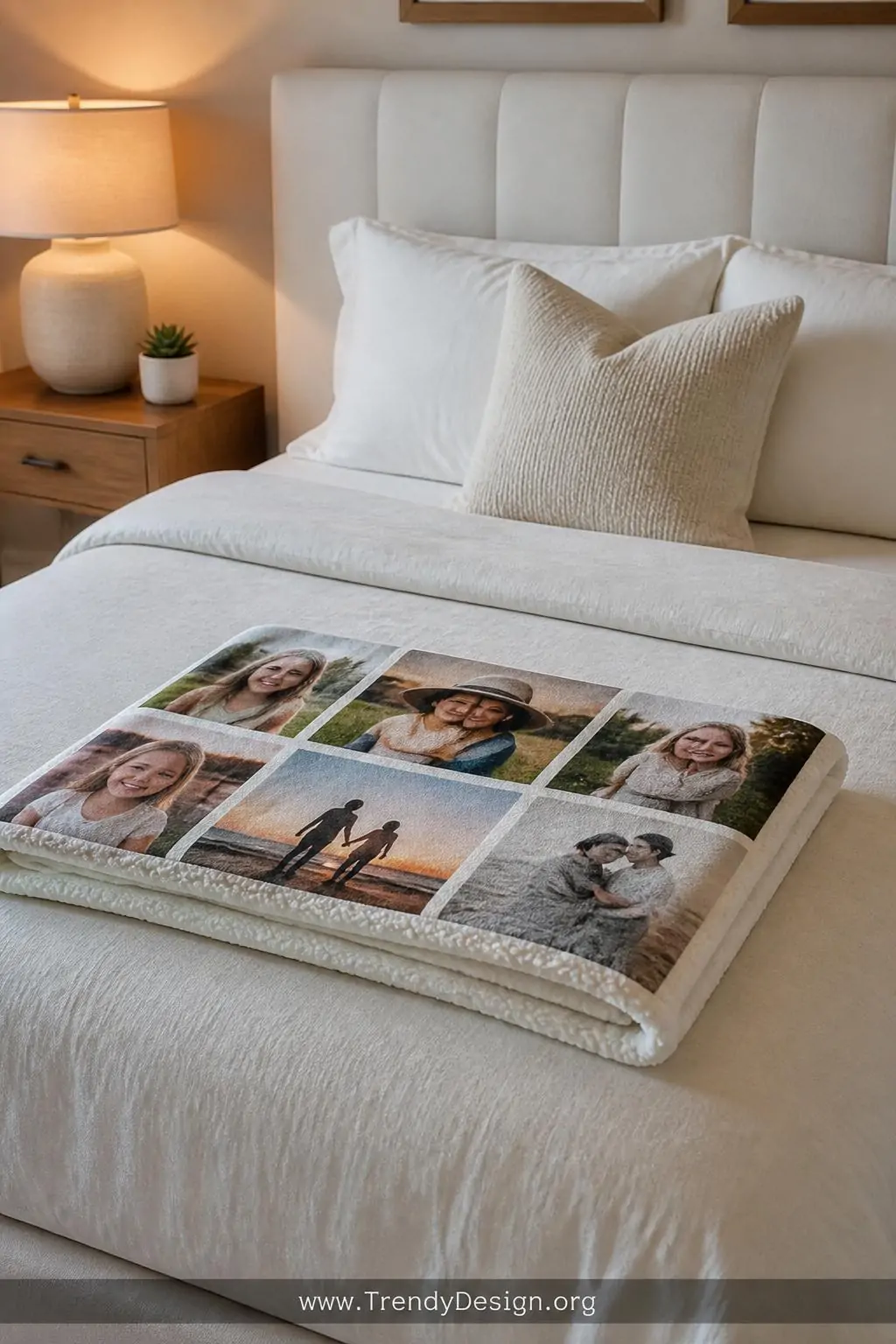 A medium-shot photorealistic interior of a cozy guest bedroom with a custom photo-printed fleece blanket folded neatly at the