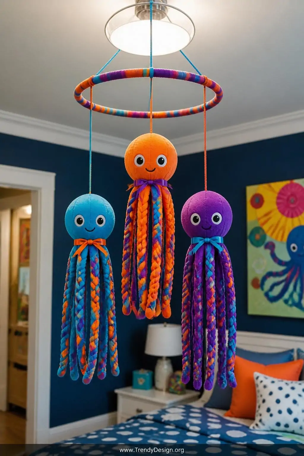 A photorealistic wide shot of a playful children's bedroom ceiling mobile displaying three sock octopus plushies in neon oran