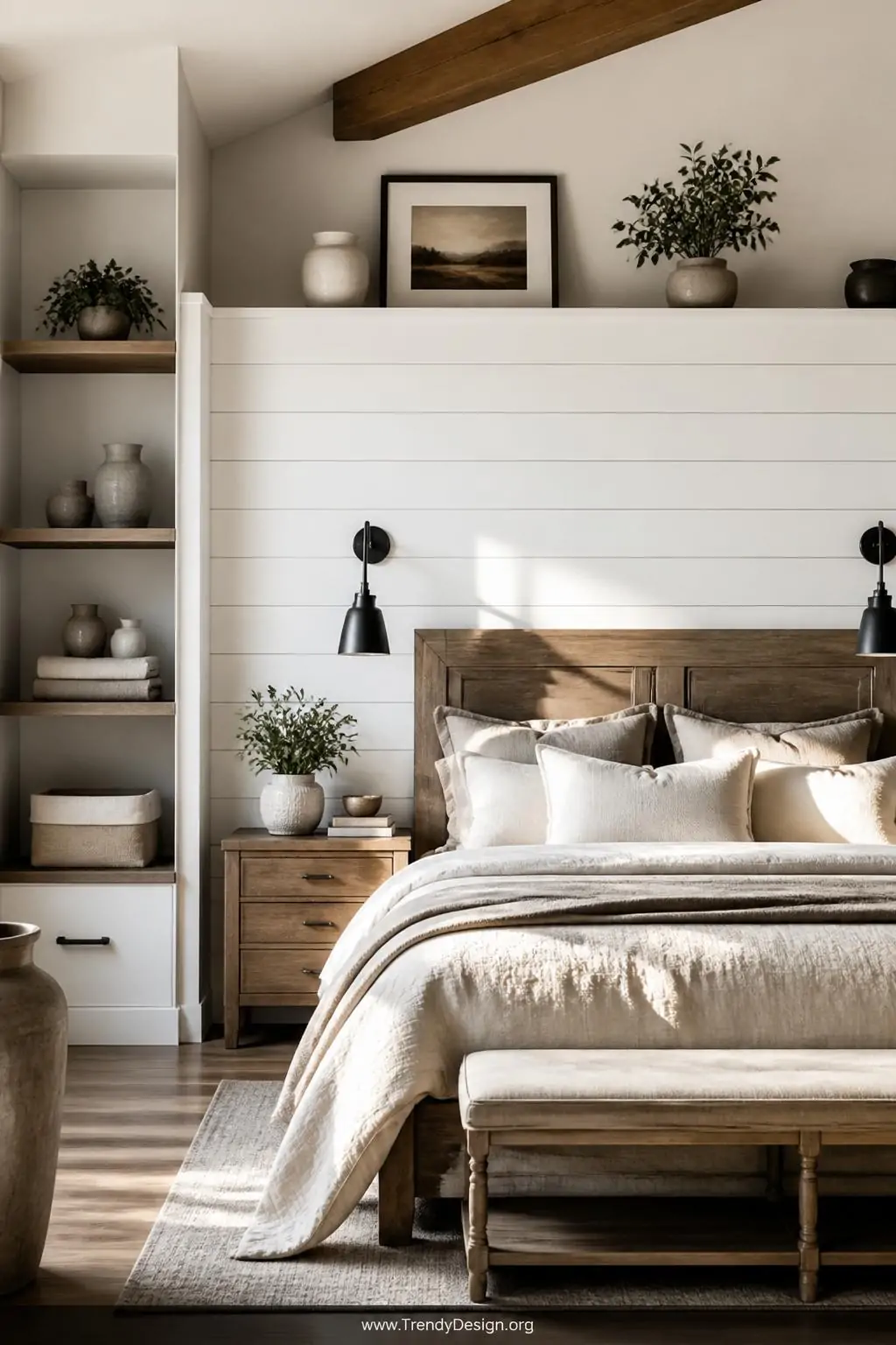 Wide shot of a bright modern farmhouse bedroom featuring horizontal shiplap wainscoting painted crisp white, subtle reveal ga