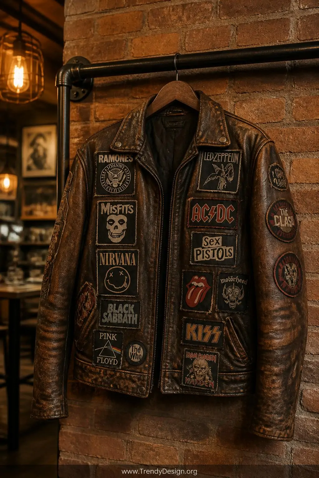 A medium shot of a worn brown leather jacket hanging on an industrial pipe rack against a exposed brick wall, covered in over