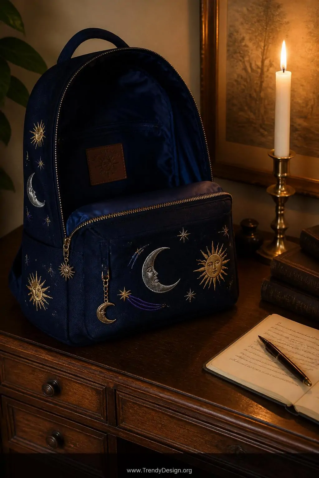 A wide shot of a midnight navy backpack laid open on a dark walnut writing desk beside a lit brass candlestick holder, embroi