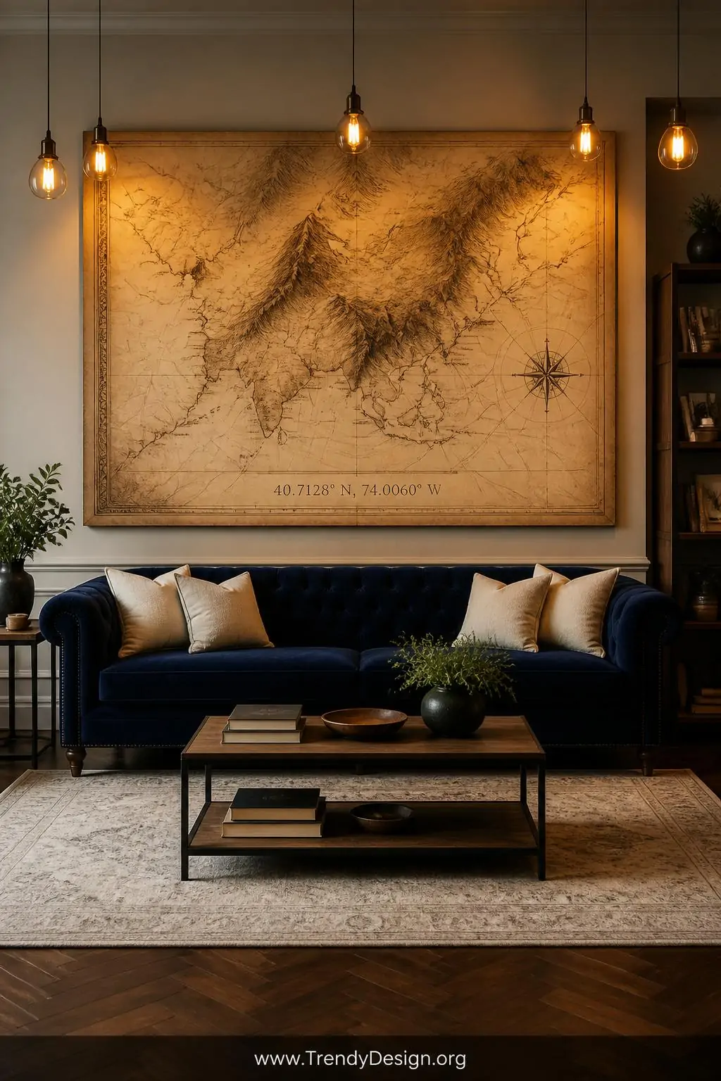 A wide living room shot featuring a large vintage sepia-toned map canvas as the dramatic focal point above a deep navy tufted