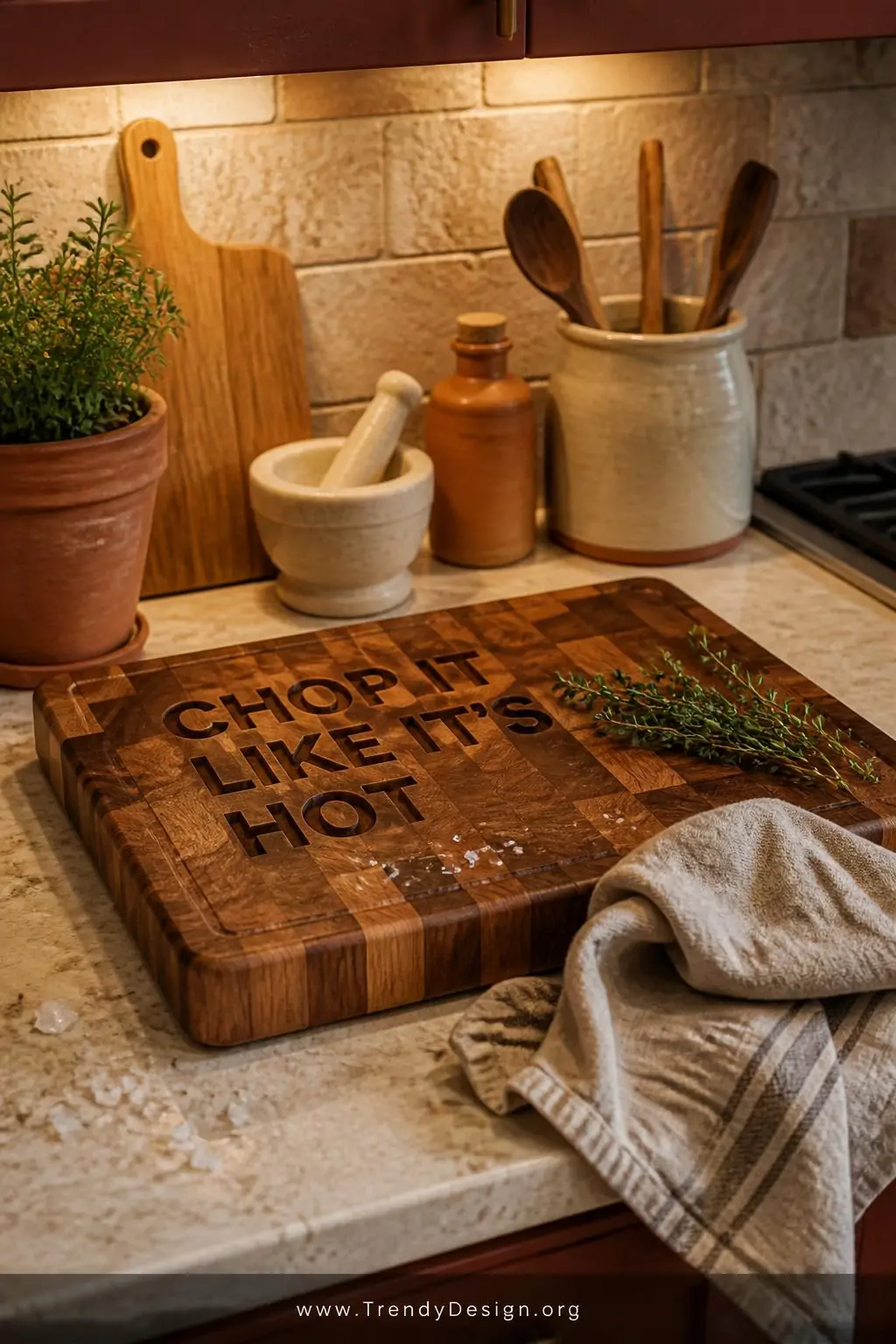 A closeup, photorealistic shot of a rustic farmhouse kitchen counter in warm terracotta and cream tones, where a thick end-gr
