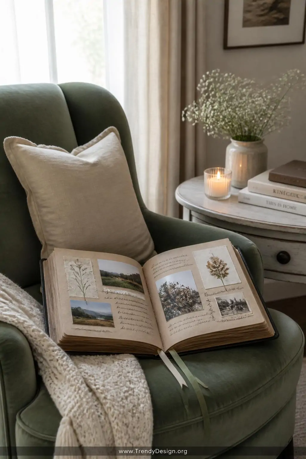 A medium shot of a cozy reading nook with a sage green velvet armchair beside a whitewashed wooden side table, holding an ope