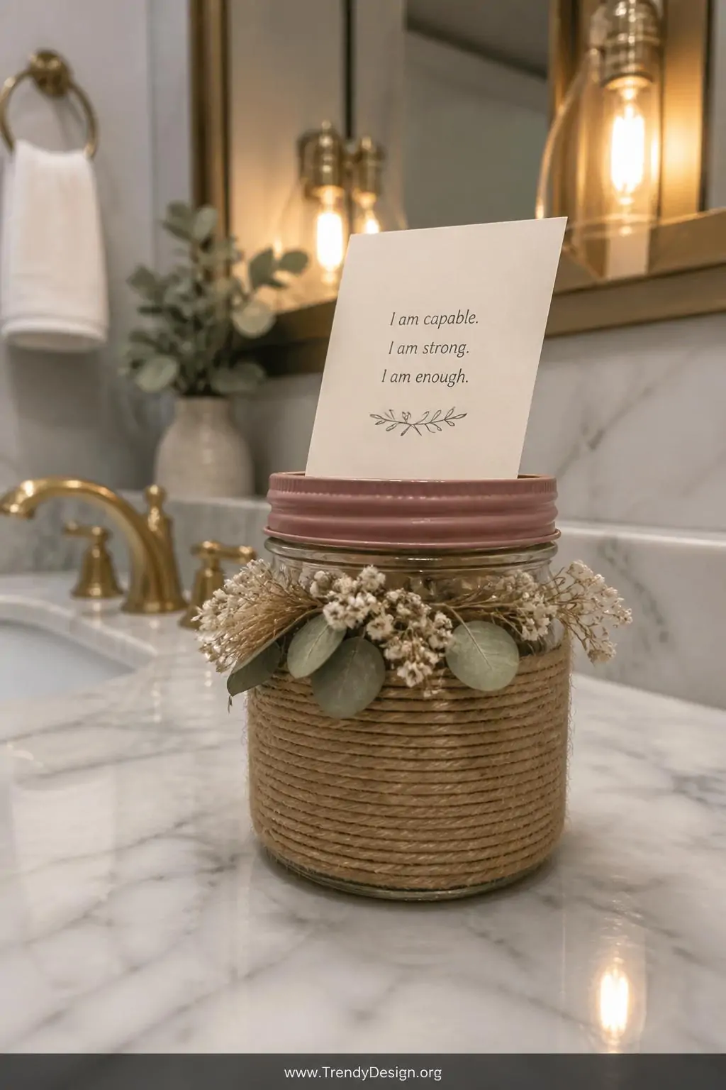 A close-up photorealistic interior shot of a marble bathroom vanity surface showcasing a rustic glass jar wrapped in natural 