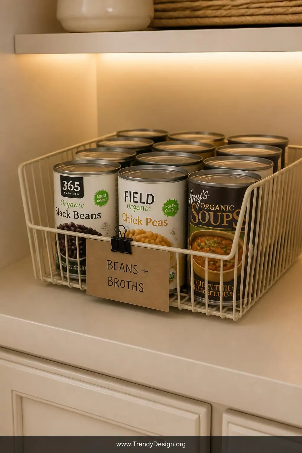 Ivory wire magazine file holder laid horizontally on a painted cream cabinet shelf, contemporary kitchen, cradling a tight cluster of bean and broth cans upright with a handwritten kraft paper category label clipped to its front, warm under-cabinet lighting glowing across the matte finish and smooth can lids, closeup shot capturing the label detail and clean organizational lines.