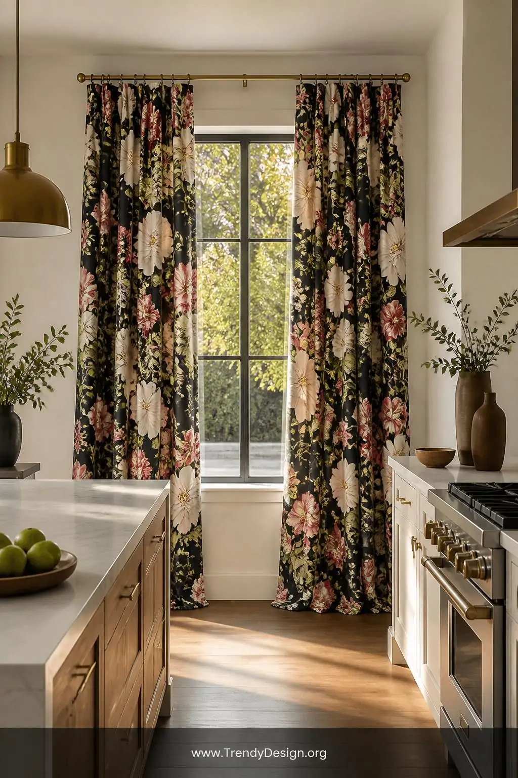 Floor-length bold botanical floral curtain panels flanking a large kitchen window as the dramatic focal point of a neutral room with white plaster walls, simple brushed brass rod, and clean marble countertops, wide shot, golden afternoon light, photorealistic interior design.