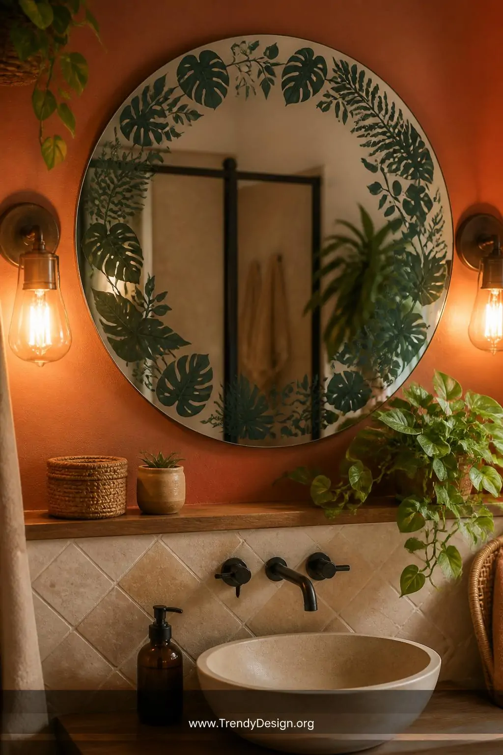 Medium shot of a bohemian bathroom featuring a large round mirror with an intricate botanical leaf border vinyl decal in deep