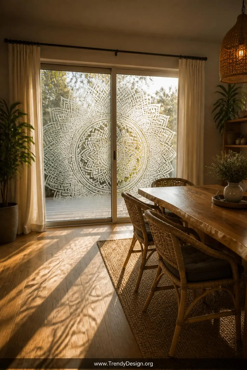 Wide shot of a sunlit dining room with a sliding glass door covered in a stunning frosted vinyl mandala decal filtering diffu