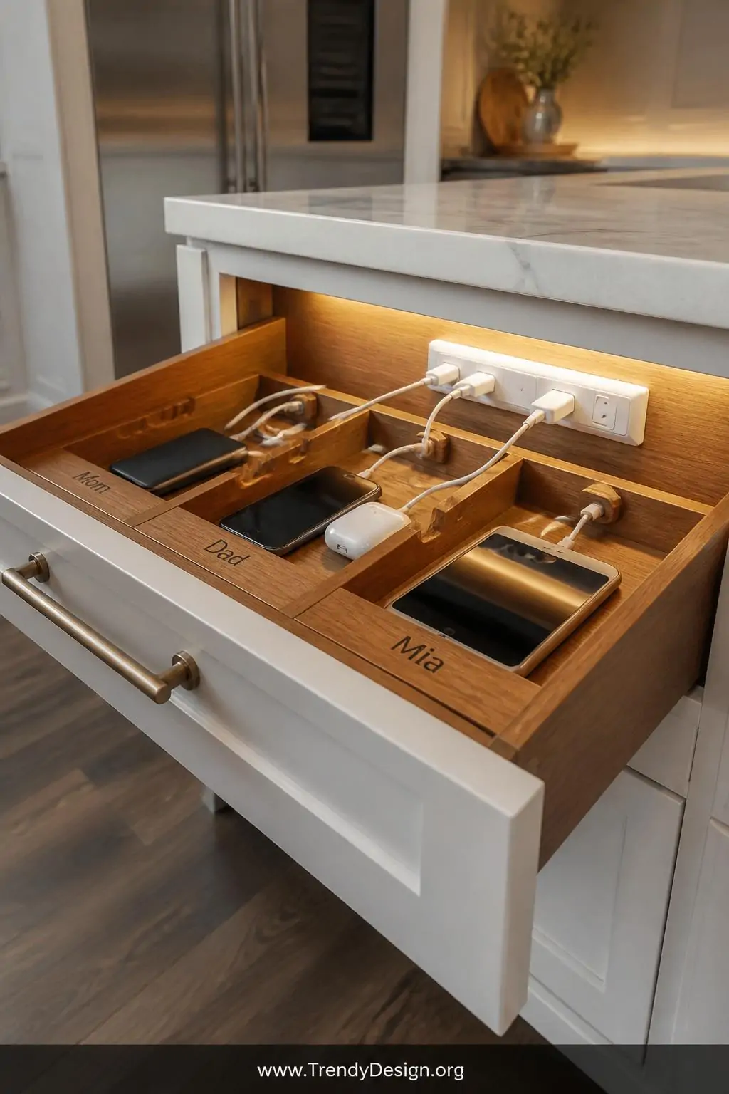 Sleek built-in kitchen island drawer open to reveal a wood-lined charging station with individual labeled slots holding devices and neatly routed white cables connected to a hidden power strip, warm recessed overhead lighting, closeup shot emphasizing the clean grain wood interior and organized cord management.