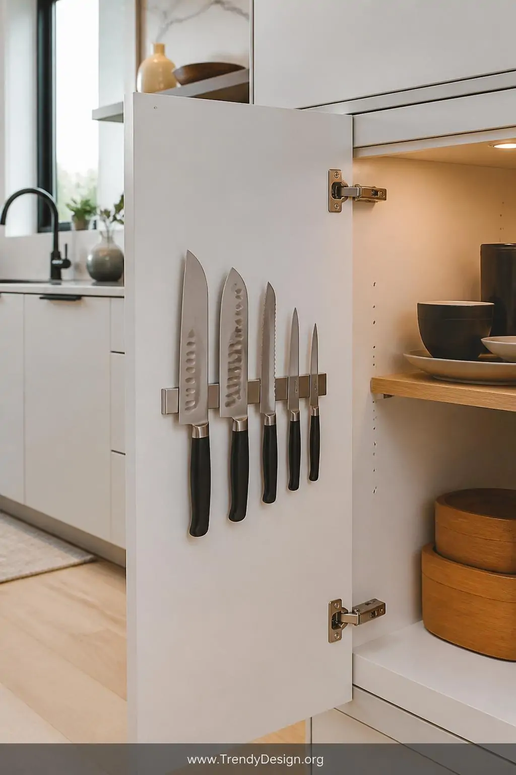 Slim low-profile magnetic knife strip mounted inside a white base cabinet door in a minimalist kitchen, interior cabinet lighting revealing neatly arranged knives hidden from view, clean uncluttered countertops visible through the open door, medium closeup shot showing door clearance and organized blades tucked away discreetly, photorealistic interior design.
