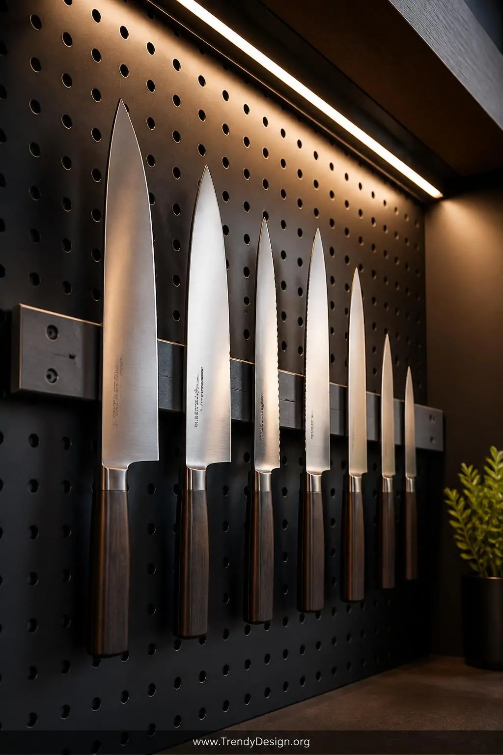 Sleek neodymium magnetic strip inserts mounted through a dark charcoal pegboard displaying chef's knives floating blade-up in precise two-inch intervals like a culinary art installation, dramatic under-cabinet accent lighting casting sharp shadows below each blade, closeup shot highlighting the knife edges and magnetic hardware detail.