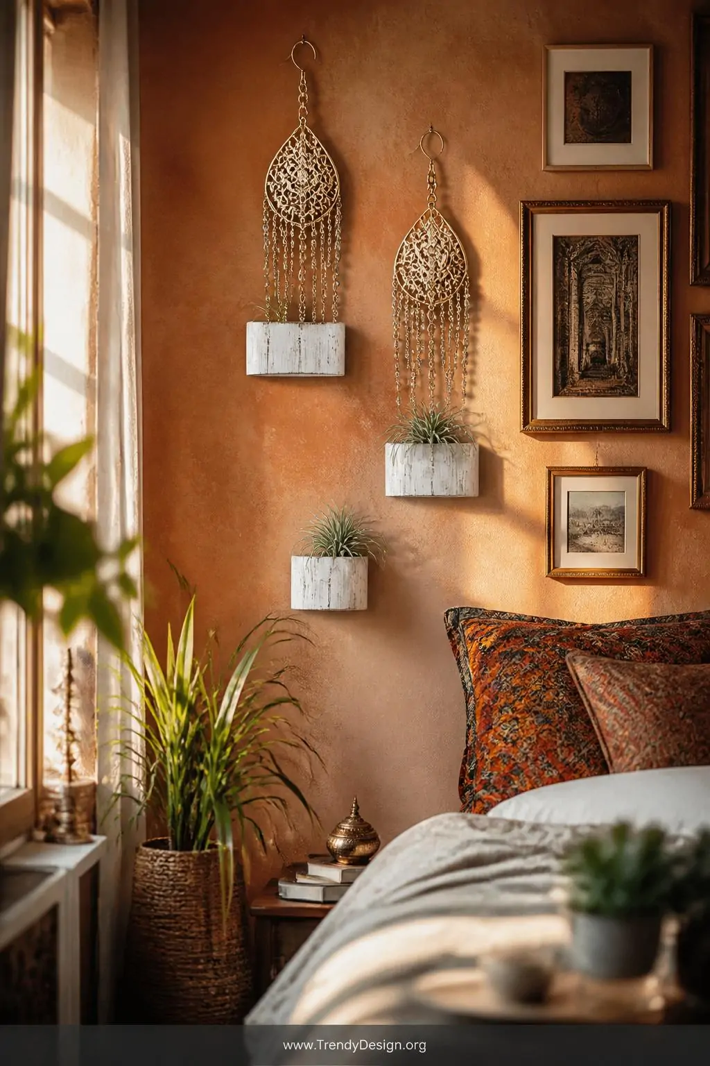 Ornate chandelier earrings hooked on a whitewashed wall cradling tiny air plants at varying heights, boho eclectic bedroom gallery wall, golden hour light illuminating the intricate dangling metalwork against a terracotta-toned backdrop, medium shot.