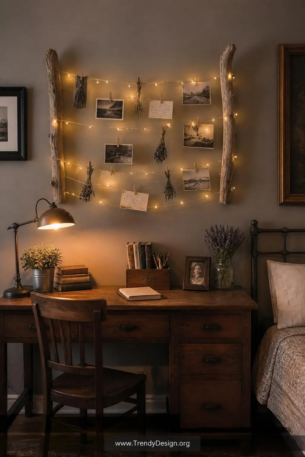 Brass wire photo display strung between two driftwood pieces mounted above a wooden desk, small black-and-white photographs clipped with tiny clothespins alongside dried lavender sprigs and paper notes, warm fairy lights woven through the wire rows glowing softly, vintage-eclectic bedroom, medium shot with warm evening ambient light.