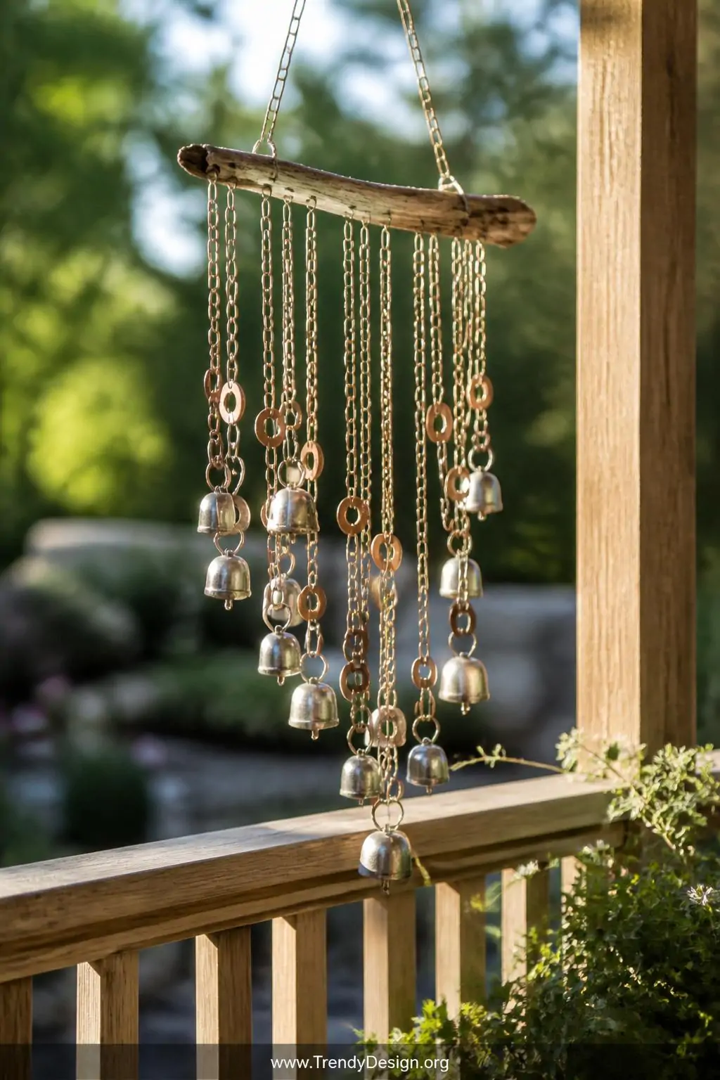 Paperclip wind chime hanging on a sunlit wooden porch railing, chains of varying lengths suspending tiny silver bells and copper washers from a weathered driftwood bar, soft outdoor breeze implied by gently angled chains, warm afternoon light glinting off metallic links against a blurred garden background, medium shot.