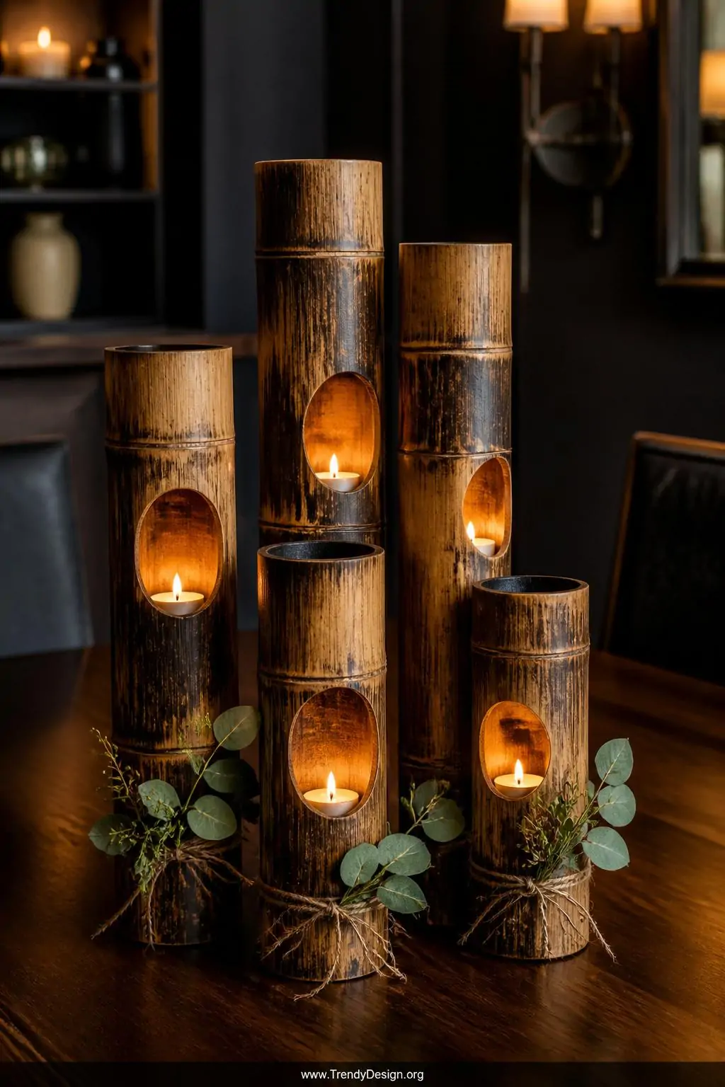 Cluster of five bamboo candle holders at staggered heights centered on a dark walnut dining table, tea lights glowing warm amber inside hollow nodes, closeup revealing slightly torch-burned outer surfaces with deep moody charcoal tones, eucalyptus sprigs tied at bases, evening atmosphere, rich shadow contrast, photorealistic interior design
