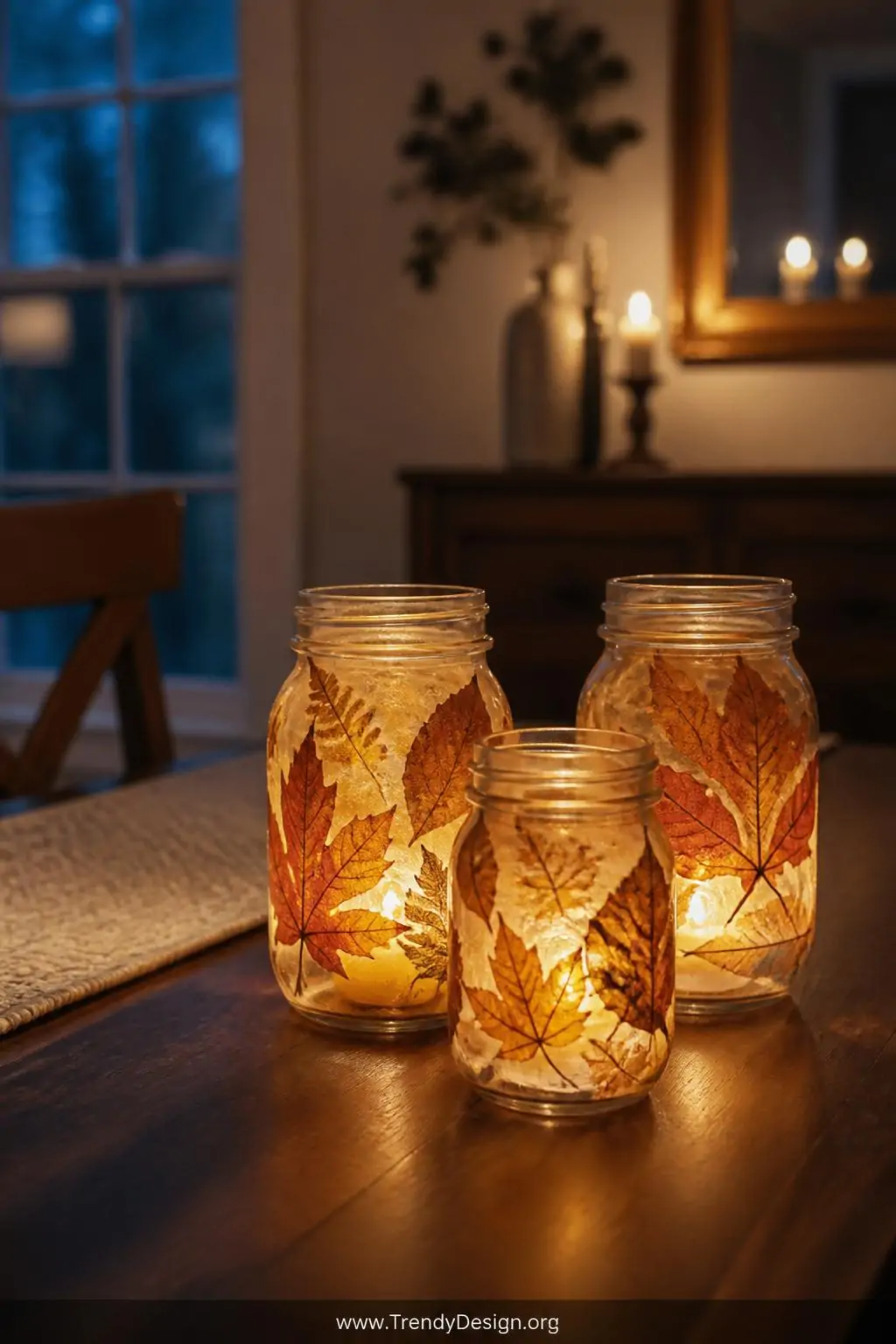 Cluster of three mason jar luminaries with translucent pressed leaves sealed under Mod Podge glowing amber from flameless tea lights inside, arranged on a dark walnut dining table at dusk with warm candlelight flickering through leaf silhouettes, medium shot with soft bokeh background.