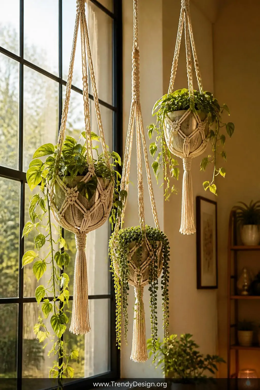 Three cotton macramé hanging planters suspended at staggered heights before a large sunlit window, cascading pothos and string of pearls spilling through the knotted cream fibers, golden light threading through the trailing green leaves, wide shot, photorealistic interior design.