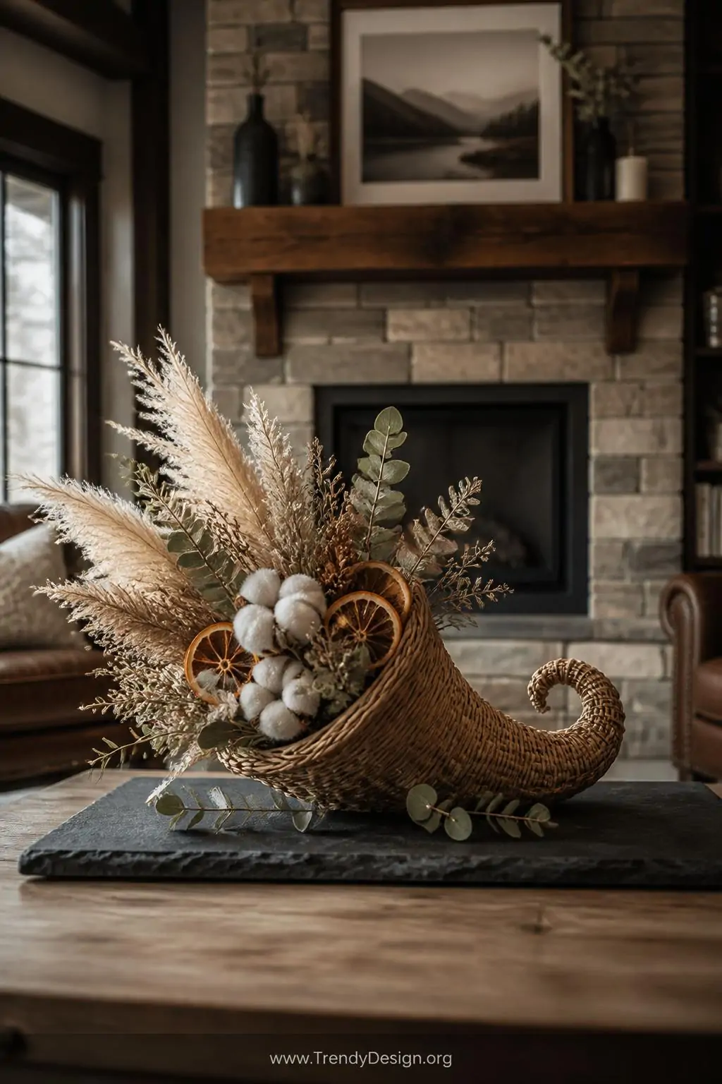 Wire wicker horn filled with dried pampas grass, preserved eucalyptus, dried orange slices, and cotton stems displayed on a dark slate tray, moody rustic farmhouse living room, closeup, photorealistic interior design