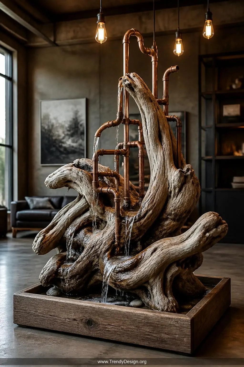 Sculptural driftwood and warm copper pipe fountain mounted inside a wide shallow wooden box base in a raw industrial-style living room, water trickling through aged patina copper tubes and spilling over the pale bleached driftwood's organic curves, moody warm Edison bulb lighting overhead, photorealistic interior design, wide shot.