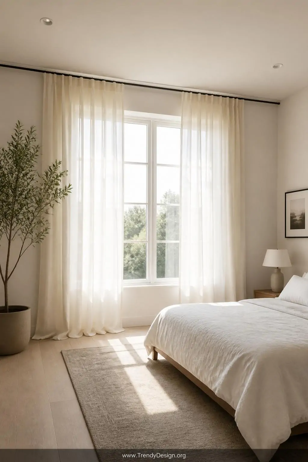 Floor-length unlined natural linen curtains in soft ivory hanging from ceiling-mounted rods extended wide beyond a sunlit window, diffused morning light pouring through the loosely woven fabric onto a pale hardwood floor, wide shot of a minimalist bedroom glowing with airy warmth.