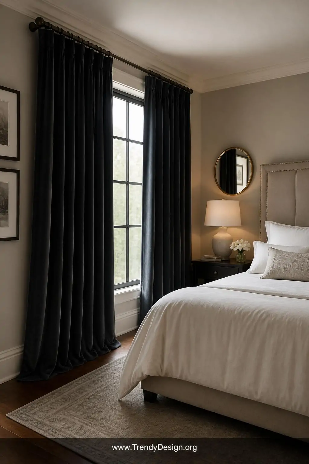 Floor-length deep charcoal velvet blackout curtains pooling slightly at hardwood floors beside a neatly made guest bed, dramatic contrast between the dark window panels and soft cream bedding in a calm sophisticated bedroom, wide shot, photorealistic interior design.