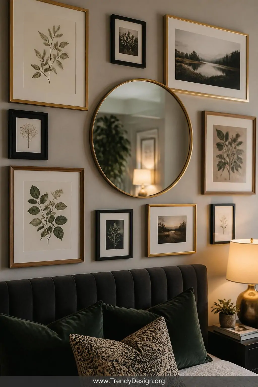 Curated gallery wall of mixed black gold and natural wood frames holding botanical prints photographs and one large round mirror arranged behind a charcoal velvet headboard, closeup shot capturing the layered composition of art and reflective surfaces where warm ambient light from a bedside lamp bounces off the mirror and highlights the intentional asymmetry.