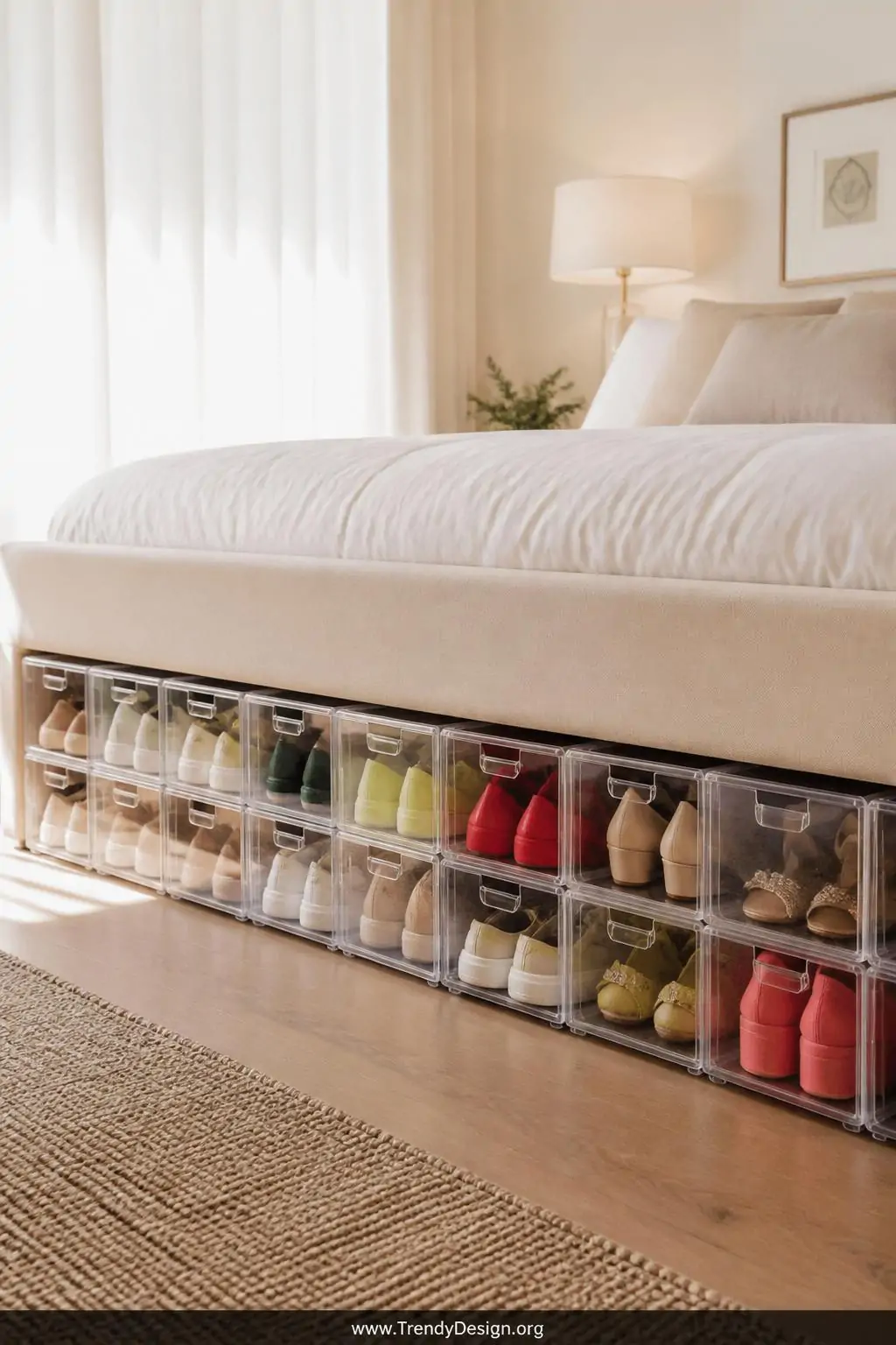 Clear stackable shoe storage boxes arranged in precise color-coordinated rows beneath a queen bed with cream upholstered frame, bright morning light streaming through sheer white curtains, closeup revealing heels and sneakers organized by season behind spotless transparent lids, chic modern bedroom.