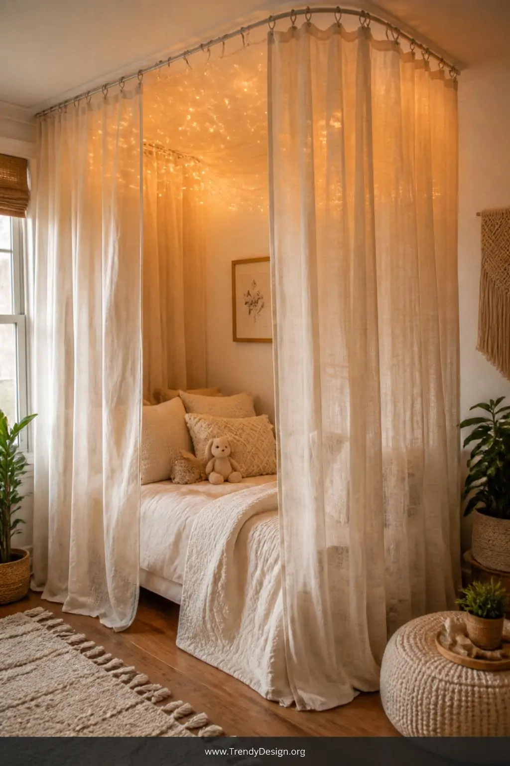 Ivory linen curtains on ceiling-mounted silver tracks wrapping around a single white bed in a shared kids bedroom, bohemian style, medium shot showing warm fairy lights strung inside the partially closed curtain cocoon, soft sheer fabric catching gentle afternoon light, plush cream bedding and a small stuffed animal visible inside, photorealistic interior design.