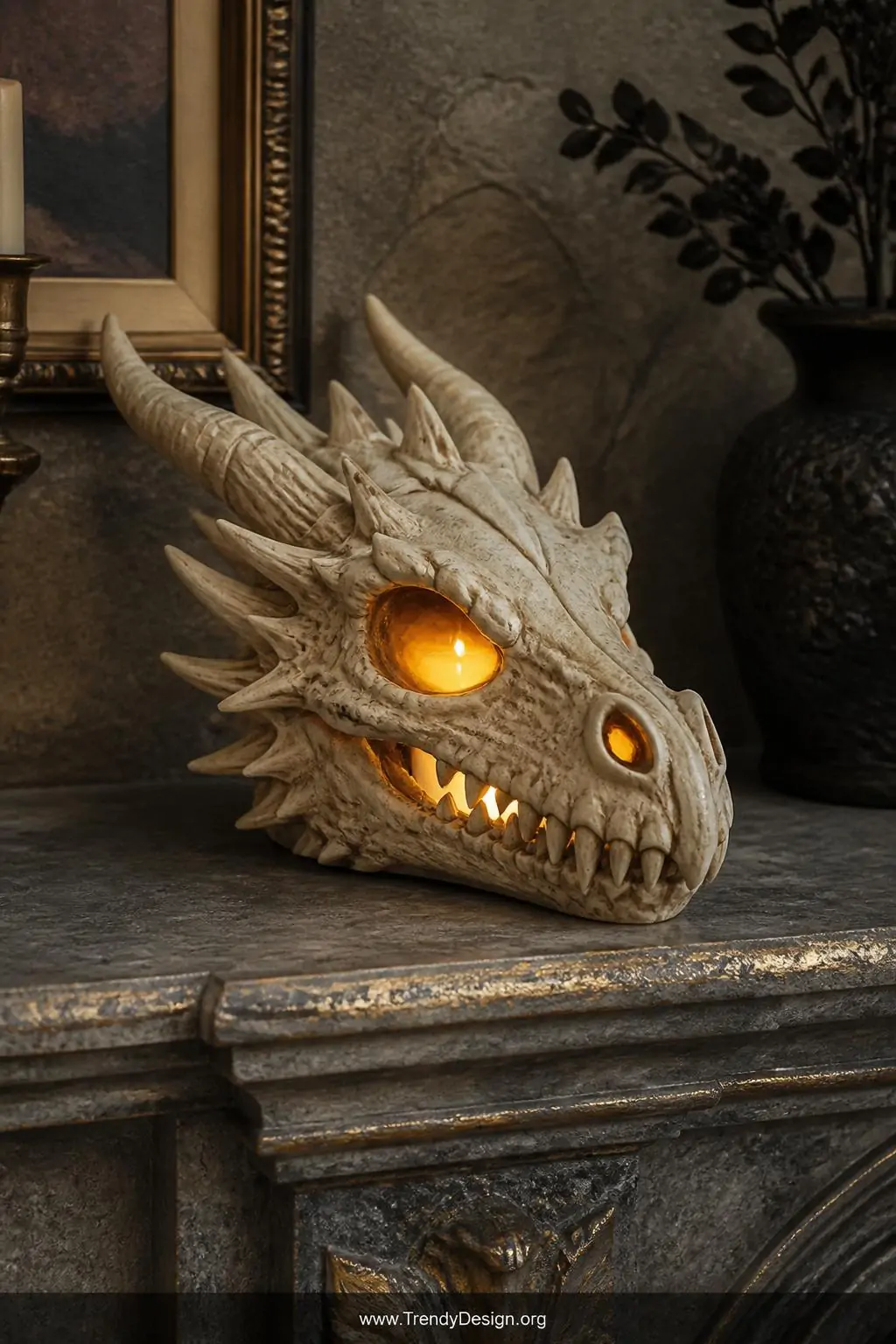 Dragon skull candle holder sculpted from air-dry clay in aged bone white and yellowed ivory tones with deep shadowed eye sockets glowing warm amber from a tea light inside, sitting on a stone-textured mantelpiece with gold dry-brushed edges, medium shot