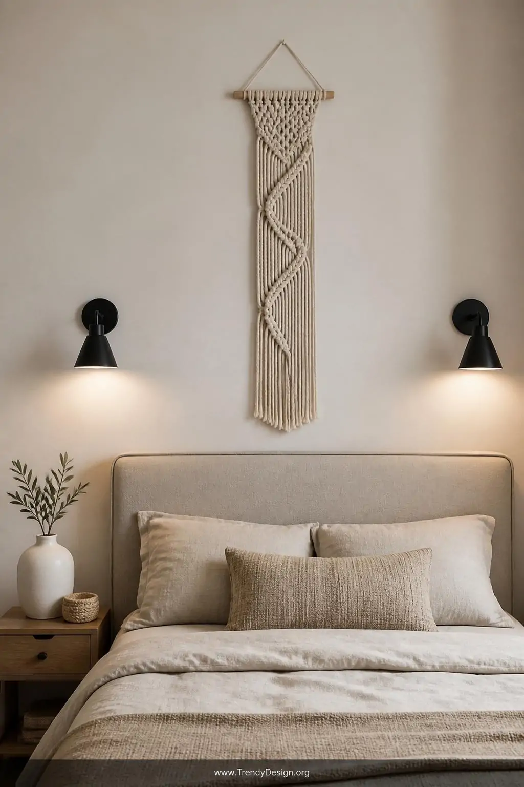A medium photorealistic interior shot of a serene Scandinavian-boho bedroom with a slender, minimalist single-strand macrame 