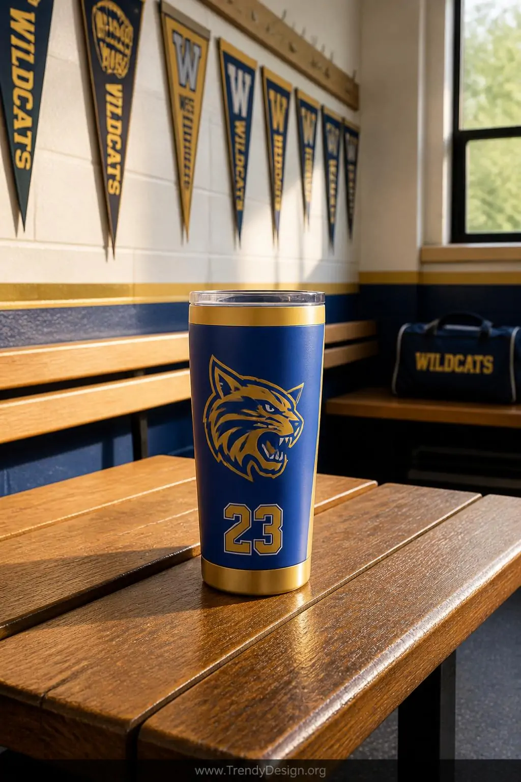 Royal blue and gold painted tumbler with vinyl mascot decal and jersey number on a locker room wooden bench, school pennants on the wall behind, natural afternoon light, medium shot
