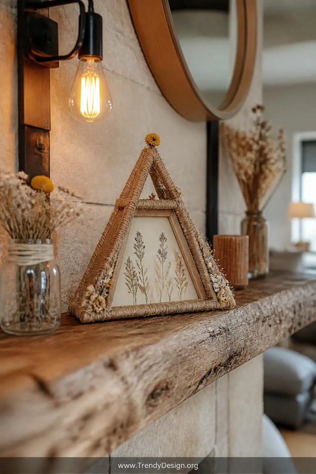 Popsicle stick pyramid frame wrapped with natural twine and tiny dried flowers displayed on a rustic mantle shelf, warm Edison bulb lighting, small pressed botanical artwork visible inside the triangular frame, medium shot with soft bokeh background showing a cozy living room interior.