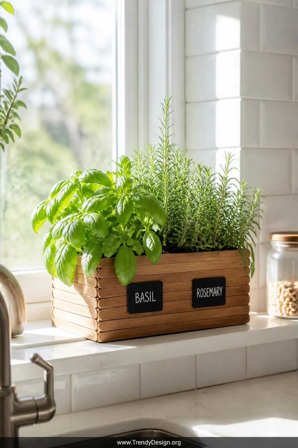 Rectangular popsicle stick planter box sealed in natural wood stain with chalkboard paint herb labels sitting on a bright white kitchen windowsill in full afternoon sunlight, lush green basil and rosemary spilling over the edges against a white subway tile backsplash, medium shot.