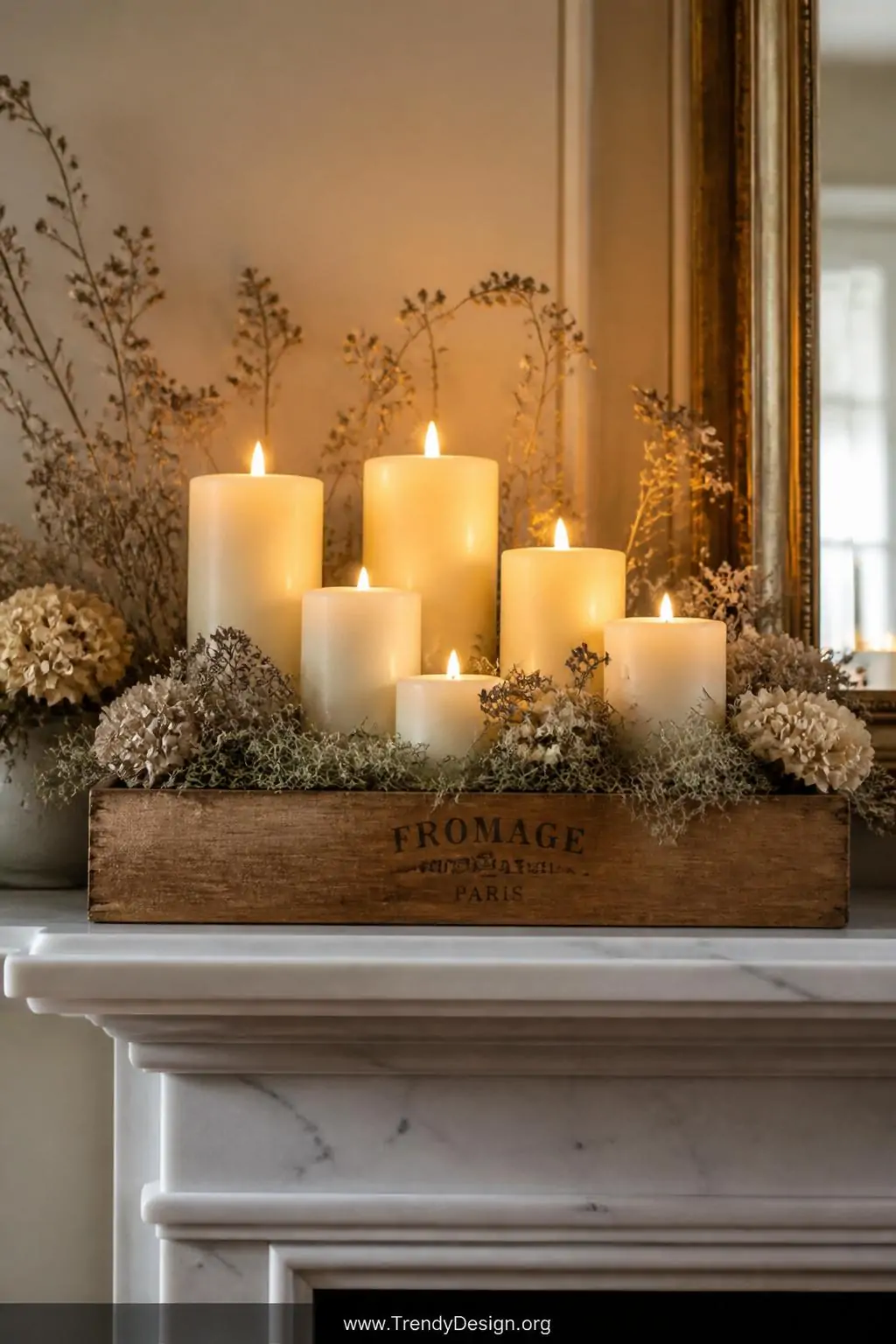 Rustic wooden cheese box tray clustered with ivory and cream pillar candles of varying heights surrounded by dried botanicals and pale green moss on a marble fireplace mantel, warm candlelit amber glow, medium shot
