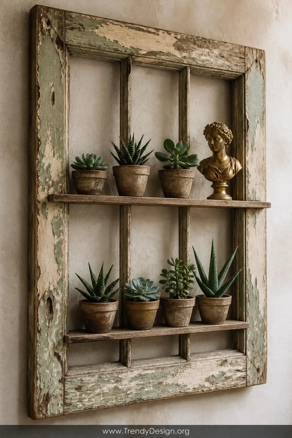 Antique chippy-painted window frame with pale sage and cream peeling layers hung on a plaster wall, tiny wooden ledges fitted across the interior bars holding a row of miniature succulents in clay pots and a small vintage brass figurine, soft diffused afternoon light, closeup shot emphasizing weathered texture and layered paint history, cottage style.