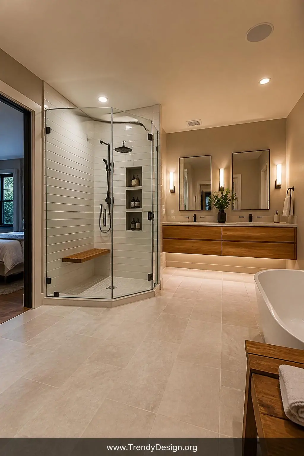 Frameless corner glass walk-in shower with two transparent walls anchoring the angled corner of an L-shaped master bathroom, modern style, white subway tile interior with a teak bench and built-in matte black niche shelving, wide shot revealing the full L-shaped floor plan with a floating wood vanity running along the opposite arm in warm ambient light.
