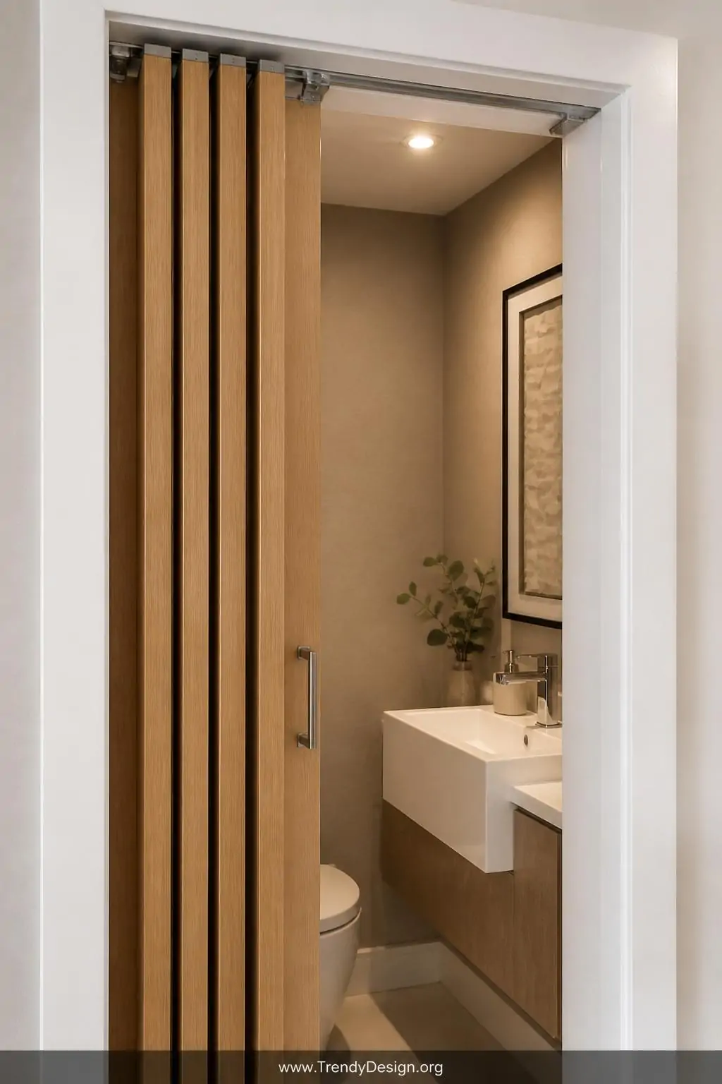 Modern wood slat folding accordion door compressed neatly to one side of a tiny powder room doorframe, closeup shot, honey-toned oak panels folded in tight parallel sections, chrome track hardware at top, soft warm downlight illuminating the texture, crisp white painted trim, photorealistic interior design.
