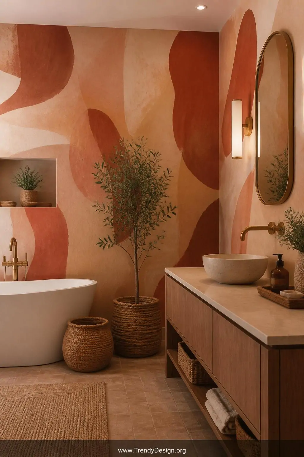 Terracotta and burnt sienna abstract earth-tone wallpaper with organic brushstroke patterns filling a warm bathroom, woven rattan baskets and a wooden soap dish on the vanity counter, warm brass tap fixtures glowing under soft overhead lighting, wide shot of a bohemian modern bathroom, photorealistic interior design.