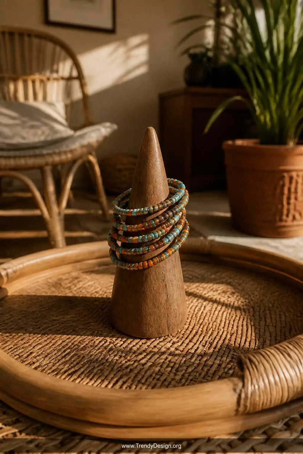 Bohemian seed bead wrap ring coiled four times in contrasting turquoise and terracotta tones draped over a raw wooden ring display stand on a rattan tray, warm afternoon sunlight casting soft shadows, medium shot with visible layered texture