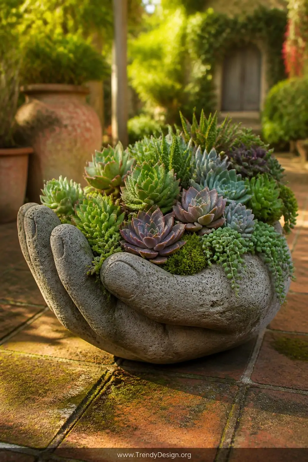 A large hand-shaped hypertufa bowl with deeply porous stone-like texture overflowing with plump green and purple succulents a
