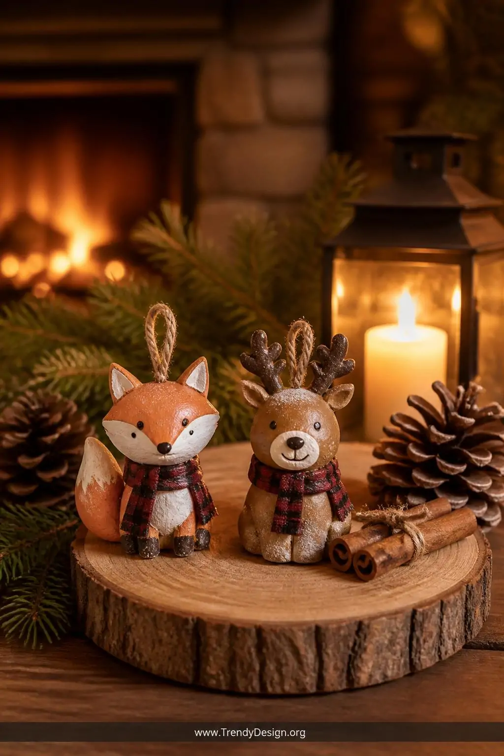 Small painted salt dough fox and reindeer animal ornaments with tiny plaid scarf details arranged on a wooden slice beside pine cones and cinnamon sticks, cozy cabin-style vignette, warm amber candlelight, closeup shot