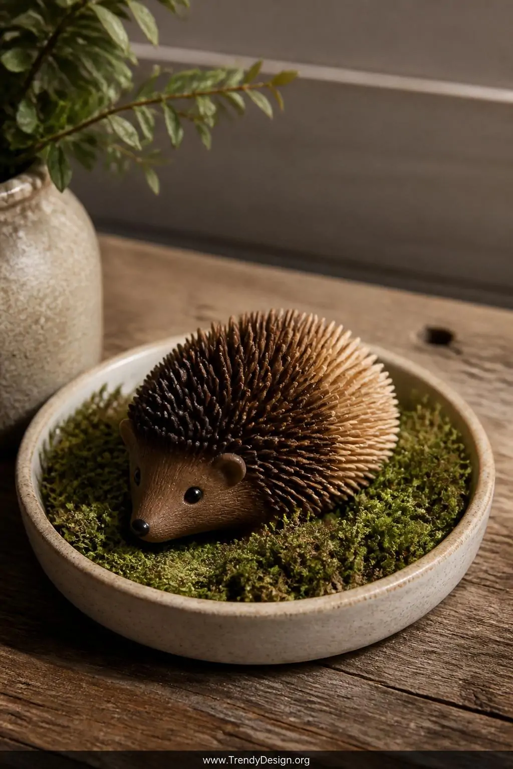 Small brown clay hedgehog figurine with hundreds of toothpick-textured spines in ombre dark-to-tan tones nestled in a shallow ceramic dish of faux moss on a rustic wooden surface, soft side lighting, closeup shot