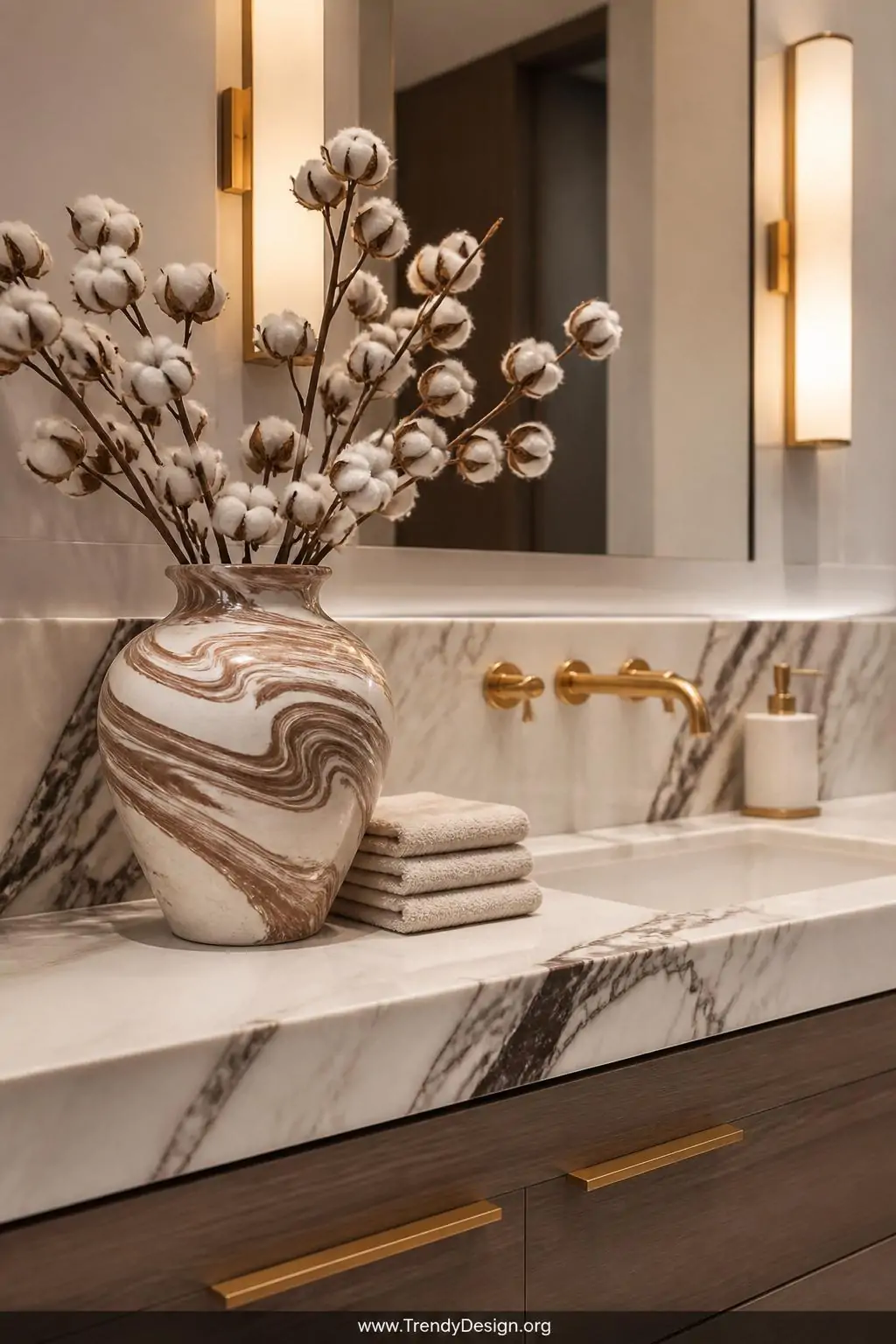 Marbled clay vase swirled in white and terracotta tones sitting on a marble bathroom vanity beside cotton branches and stacked linen hand towels, soft warm vanity lighting reflecting off the natural swirl patterns, elegant spa-style bathroom interior, medium shot highlighting the luxurious marble texture against brushed gold fixtures, photorealistic interior design, no people